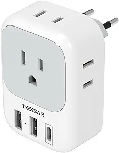 European Travel Plug Adapter USB C, TESSAN International Plug Adapter with 4 AC Outlets and 3 USB Ports, Type C Power Adaptor Charger for US to Most of Europe Iceland Spain Italy France Germany