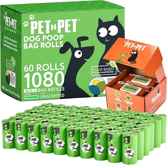 Pet N Pet 1080 Counts Green Poop Bags for Dogs, 38% Plant Based & 62% PE + 100% Plant Based Dog Wipes for Paws and Butt, 400 Counts Dog Pet Wipes, 8" x 8" Hypoallergenic Wipes