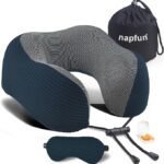 napfun Neck Pillow for Traveling, Upgraded Travel Neck Pillow for Airplane 100% Pure Memory Foam Travel Pillow for Flight Headrest Sleep, Portable Plane Accessories, Deep Blue Set, Medium (120-200LB)