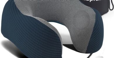 napfun Neck Pillow for Traveling, Upgraded Travel Neck Pillow for Airplane 100% Pure Memory Foam Travel Pillow for Flight Headrest Sleep, Portable Plane Accessories, Deep Blue Set, Medium (120-200LB)