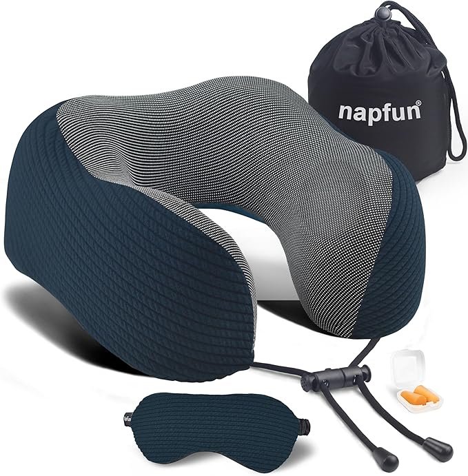 napfun Neck Pillow for Traveling, Upgraded Travel Neck Pillow for Airplane 100% Pure Memory Foam Travel Pillow for Flight Headrest Sleep, Portable Plane Accessories, Deep Blue Set, Medium (120-200LB)