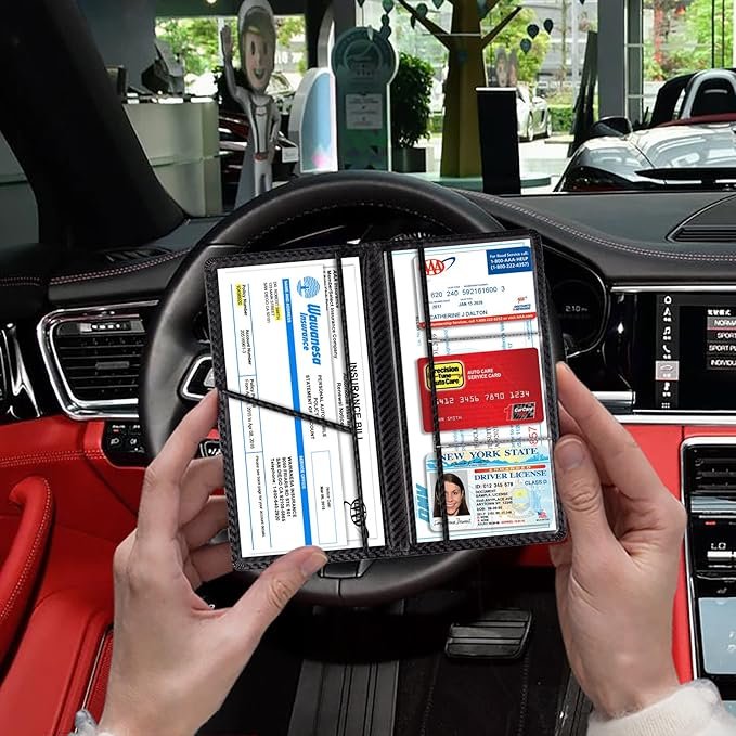 TOURSUIT Car Registration and Insurance Card Holder, Vehicle License Document Glove Box Compartment Organizer, Interior Car Accessories for Women Men Teens (Carbon Fiber Black)